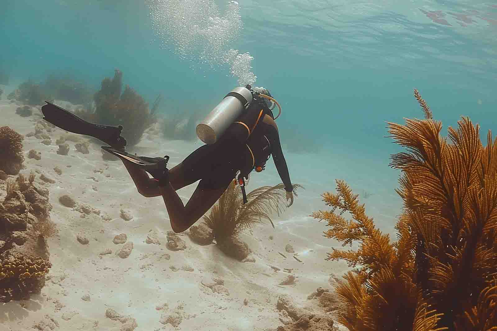 Imagem de um mergulhador fazendo mergulho no mar, com diversas algas, rochas e areia de dia 