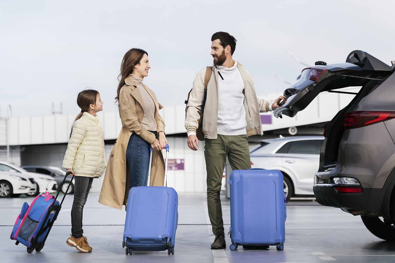 Imagem de uma familia levando suas mala para guardar no porta malas de seu carro alugado, em um estacionamento de dia 