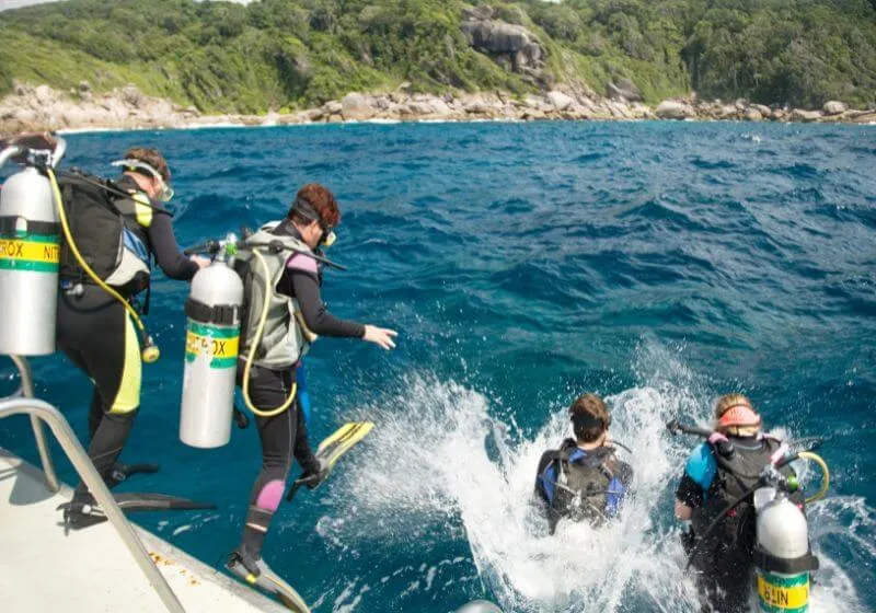 quatro pessoas com roupa de mergulho pulando dentro do mar 