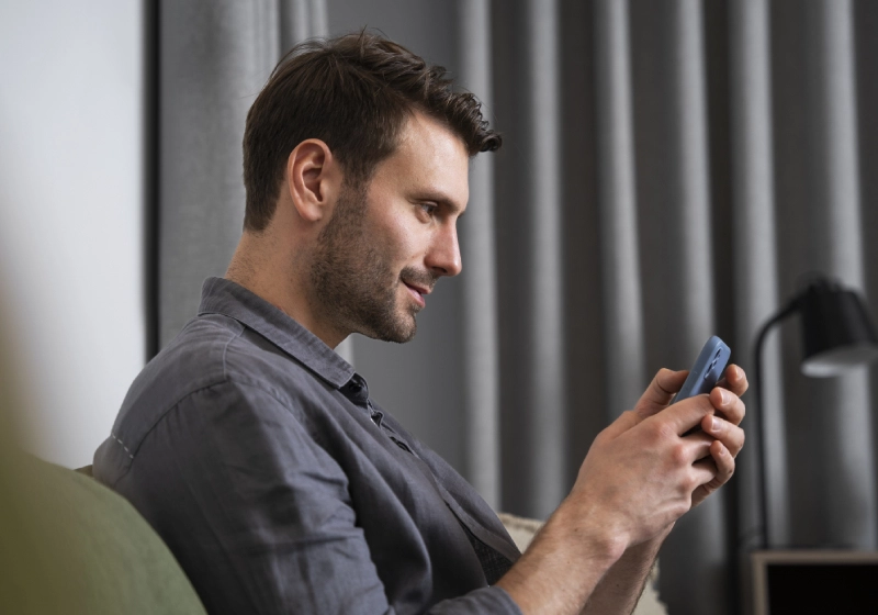 imagem de homem sentado mexendo no celular