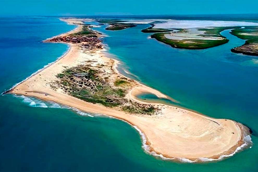 Vista aérea da praia com vegetação e águas claras