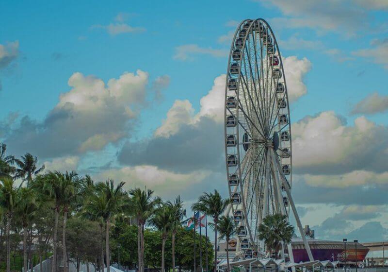 Roda-gigante em parque de diversões sob céu azul