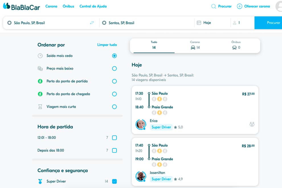 Interface do BlaBlaCar para busca de caronas