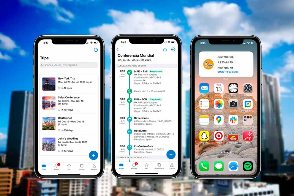 Telinhas de smartphones exibindo itinerários de viagem.