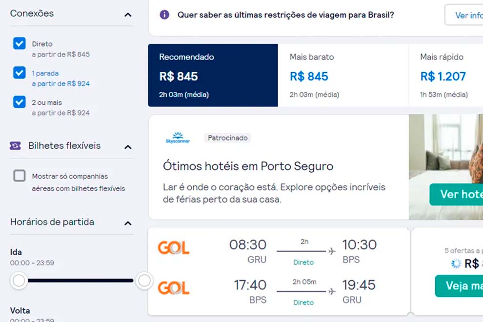Tabela de preços de passagens aéreas para Porto Seguro.