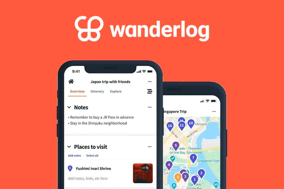 Tela do aplicativo Wanderlog com itinerários de viagem