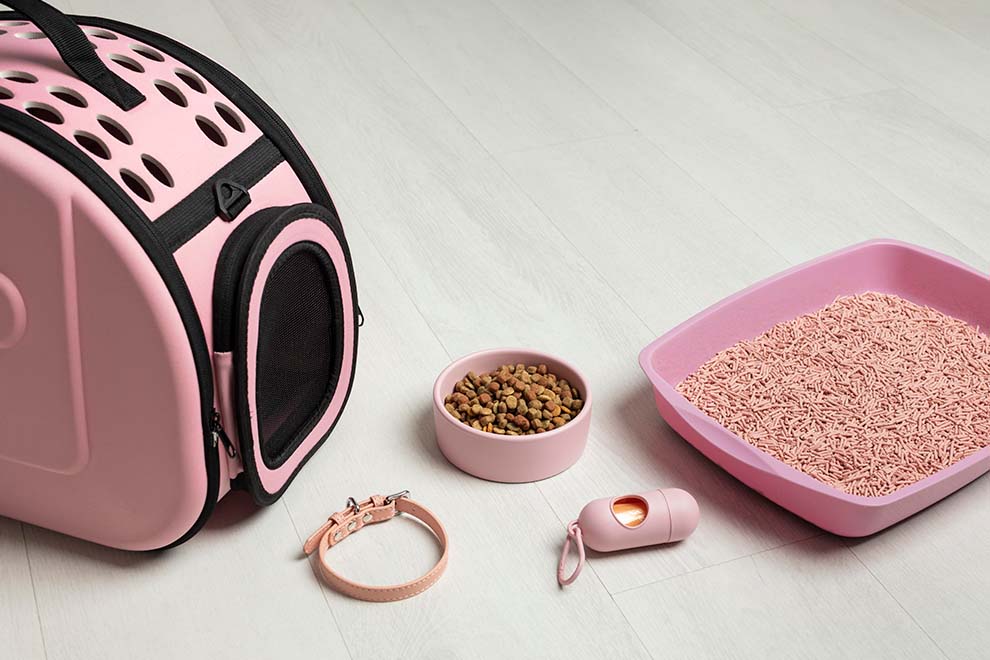 Transporte rosa e acessórios para pets