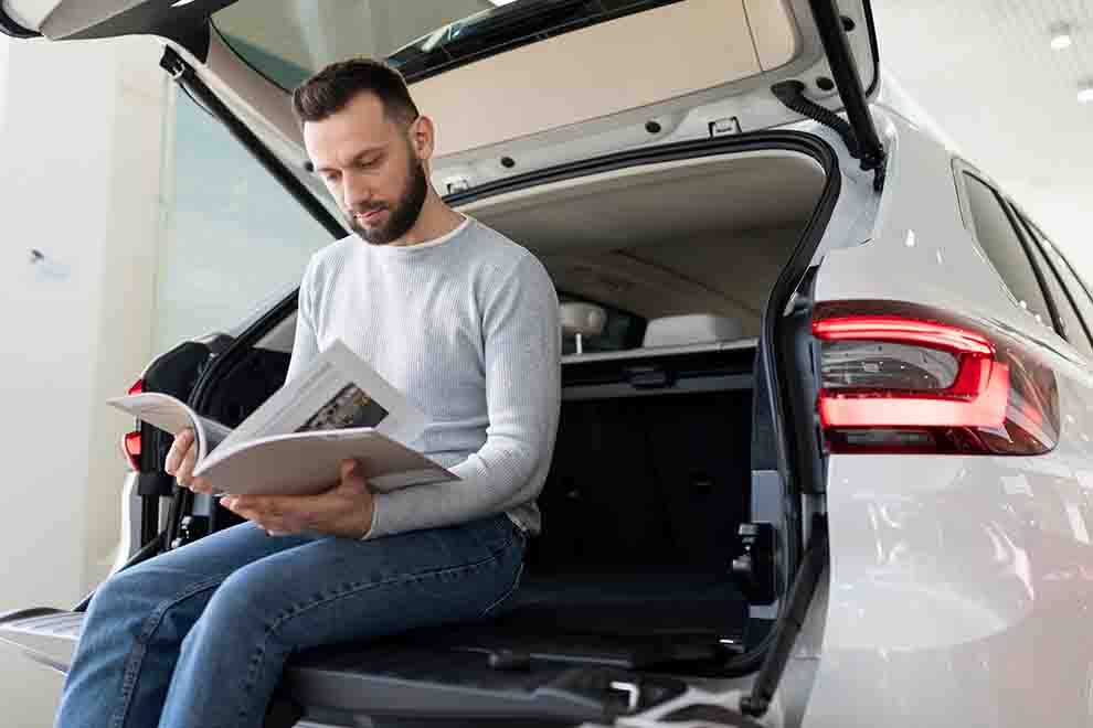 Homem lendo revista dentro do carro