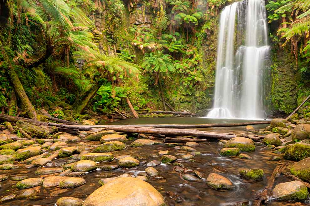 Cachoeira em meio à vegetação exuberante e rochas