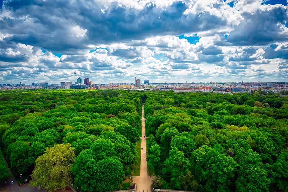 Vista aérea de um parque verdejante com céu nublado.